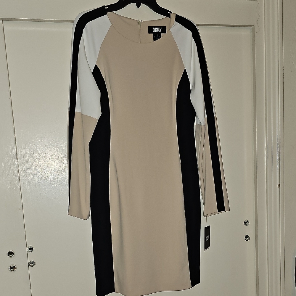 DKNY Cream and Black Sheath Dress Long Sleeve